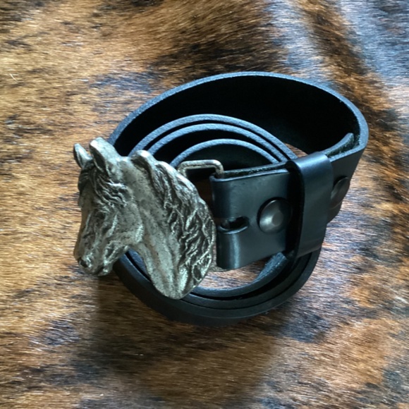 Beautiful Silver Tone Metal Horse Head Buckle Black Leather Belt main image 5